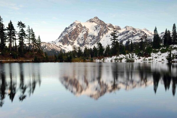 Lake on the background of mountains with snowy peaks