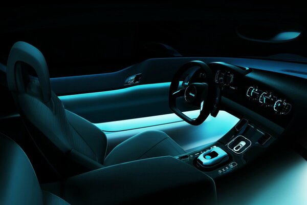 Illuminated interior with neon turquoise color