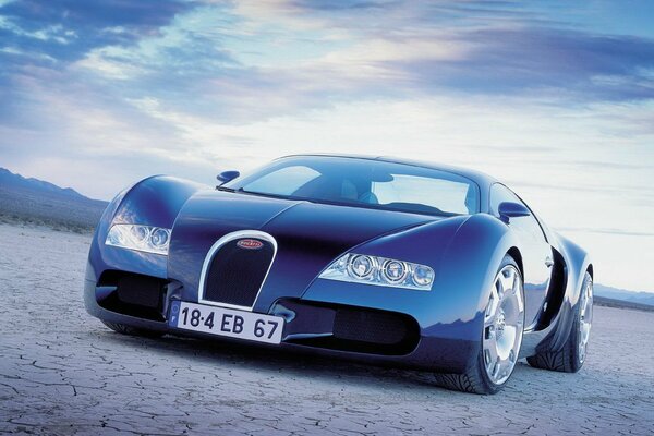 Voiture Bugatti bleu dans le désert