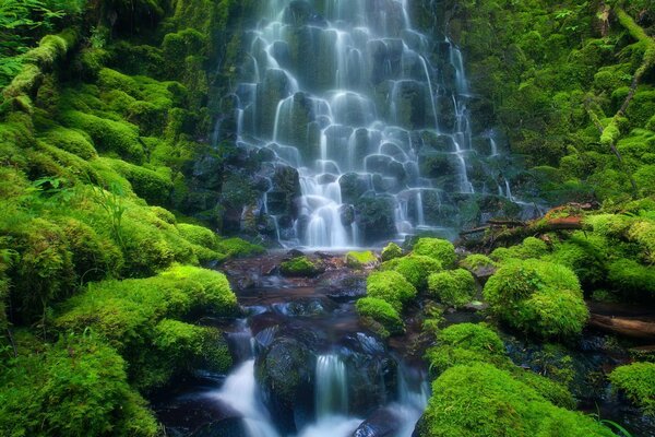 Каскад водопадов с зелёной растительностью