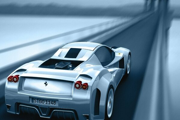 Silver Ferrari rides on the bridge