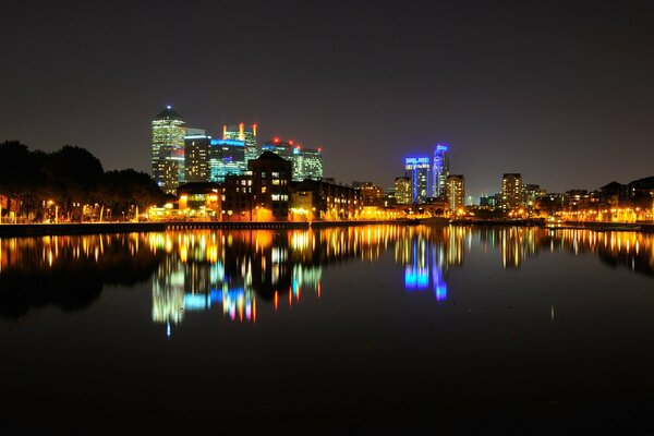 Reflection of London at night with lights