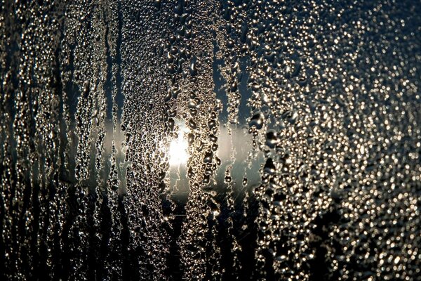 Gouttes sur le verre éclairé par le soleil