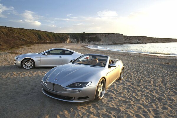 Due auto grigie sulla spiaggia vicino al mare