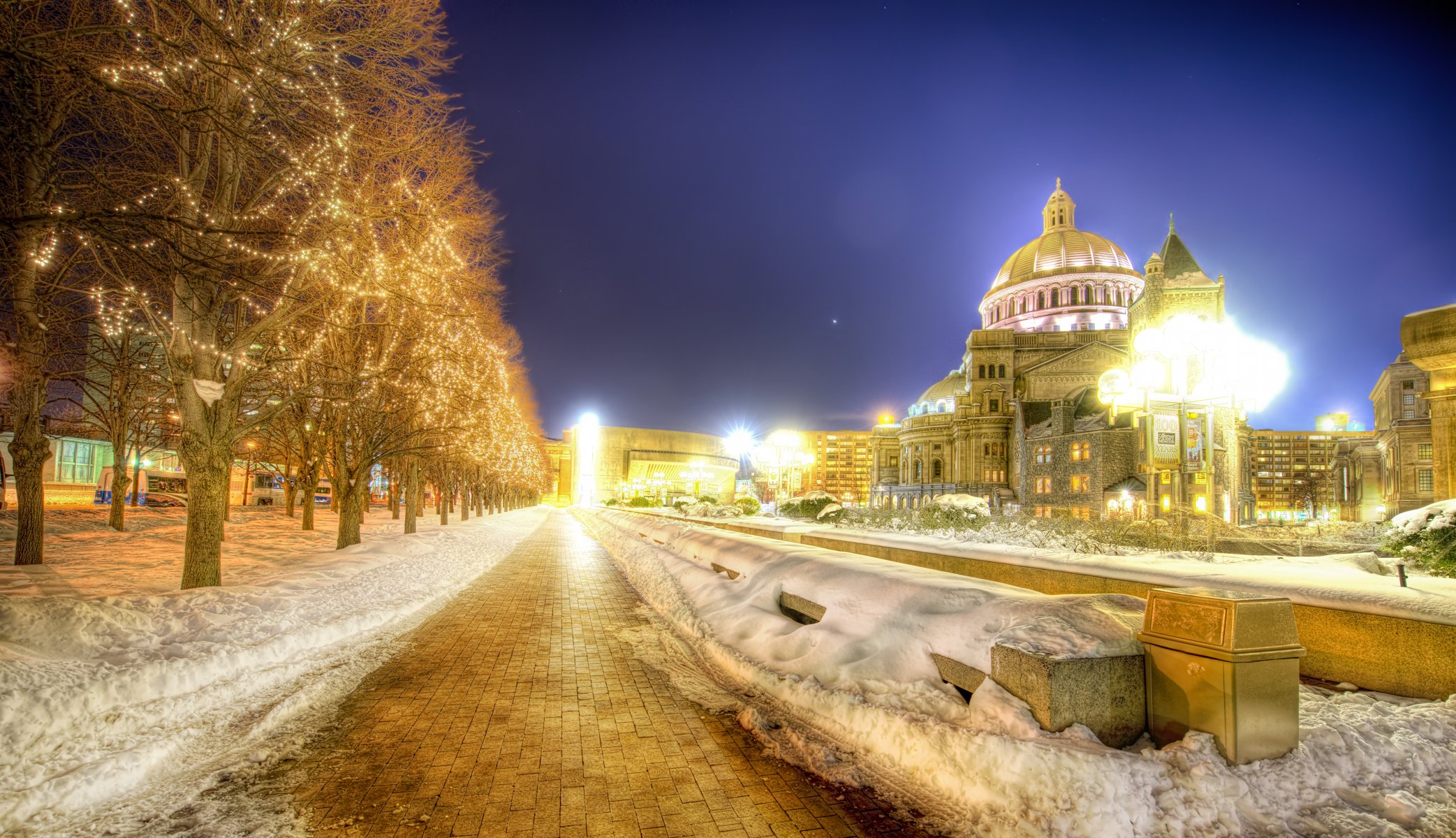 noc boston śnieg drzewa światła