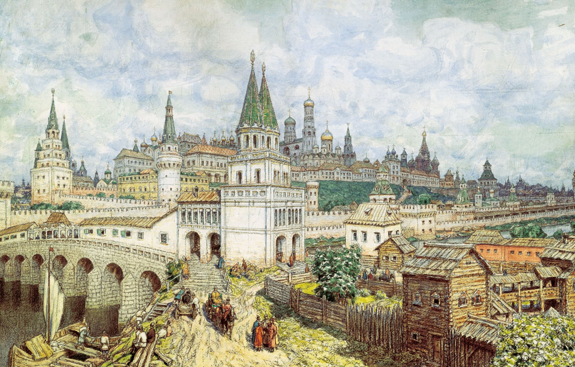 flowering of the kremlin all saints bridge and the kremlin coal watercolor pencil