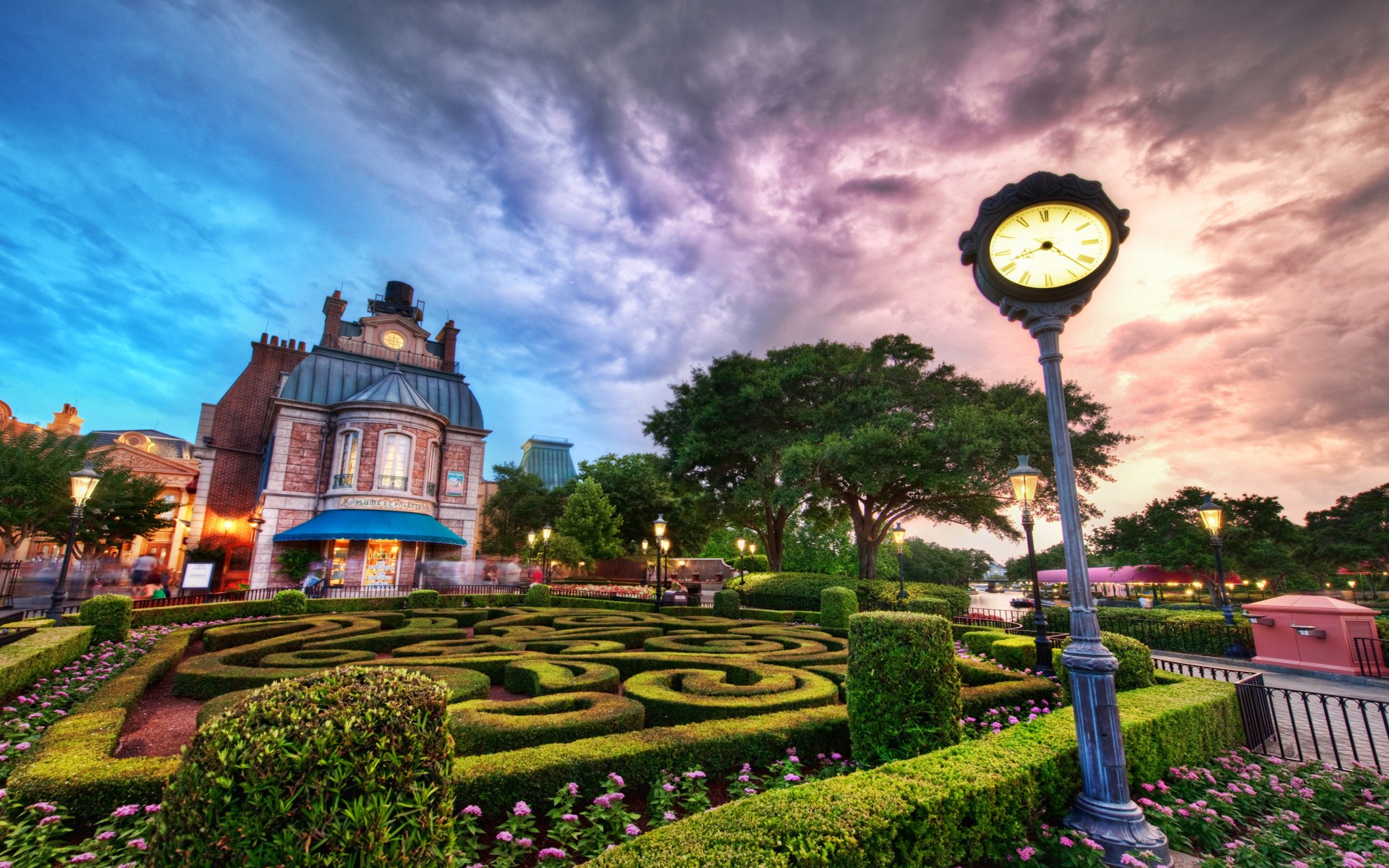 disney world puesta de sol nubes edificio linternas