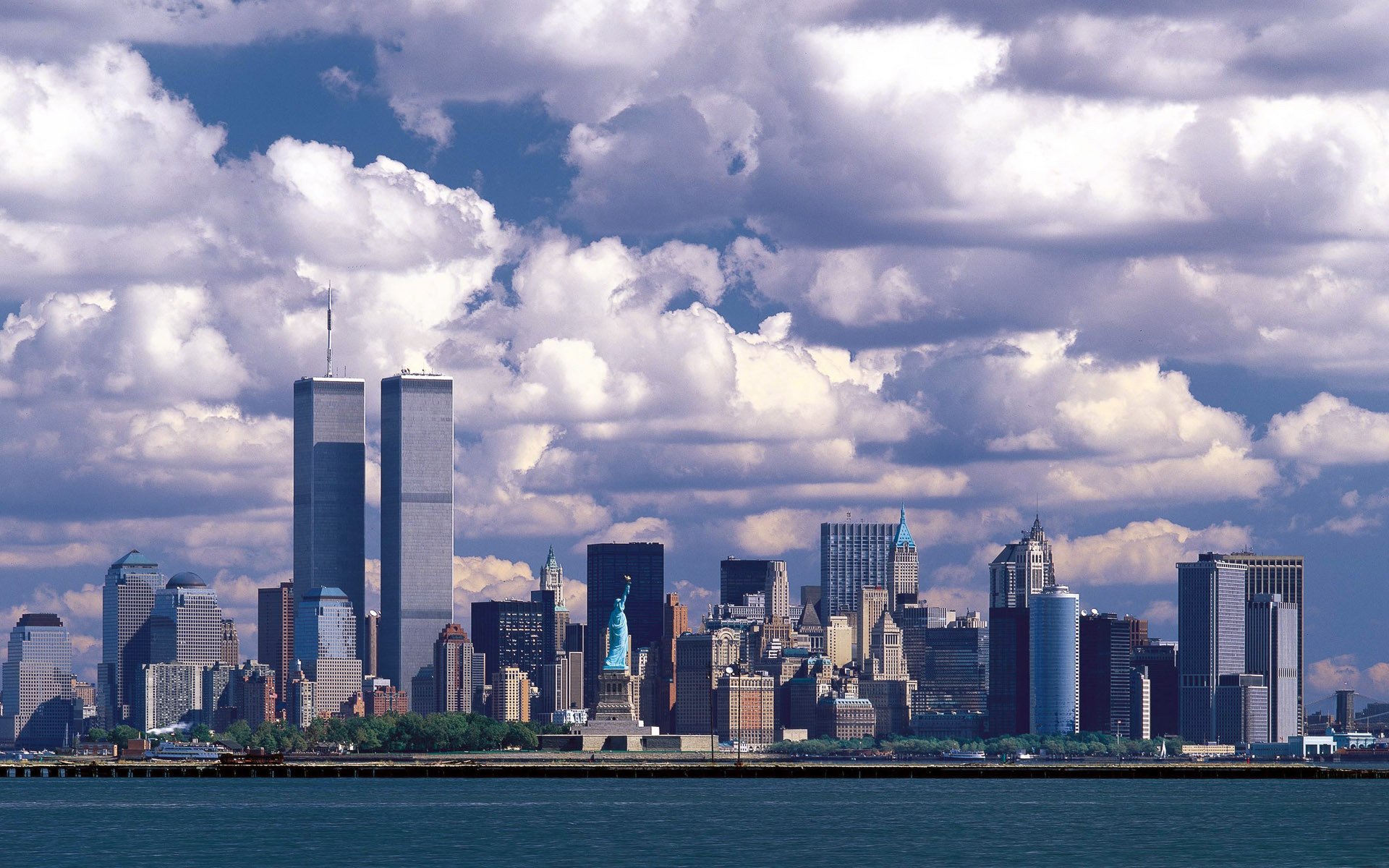 estados unidos ciudad mar rascacielos estatua de la libertad