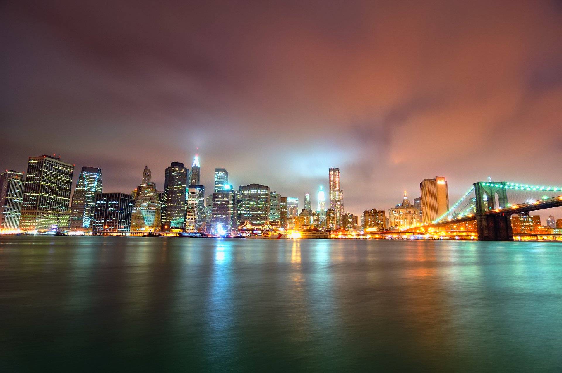 manhattan noche brooklyn puente parque nueva york rascacielos luces