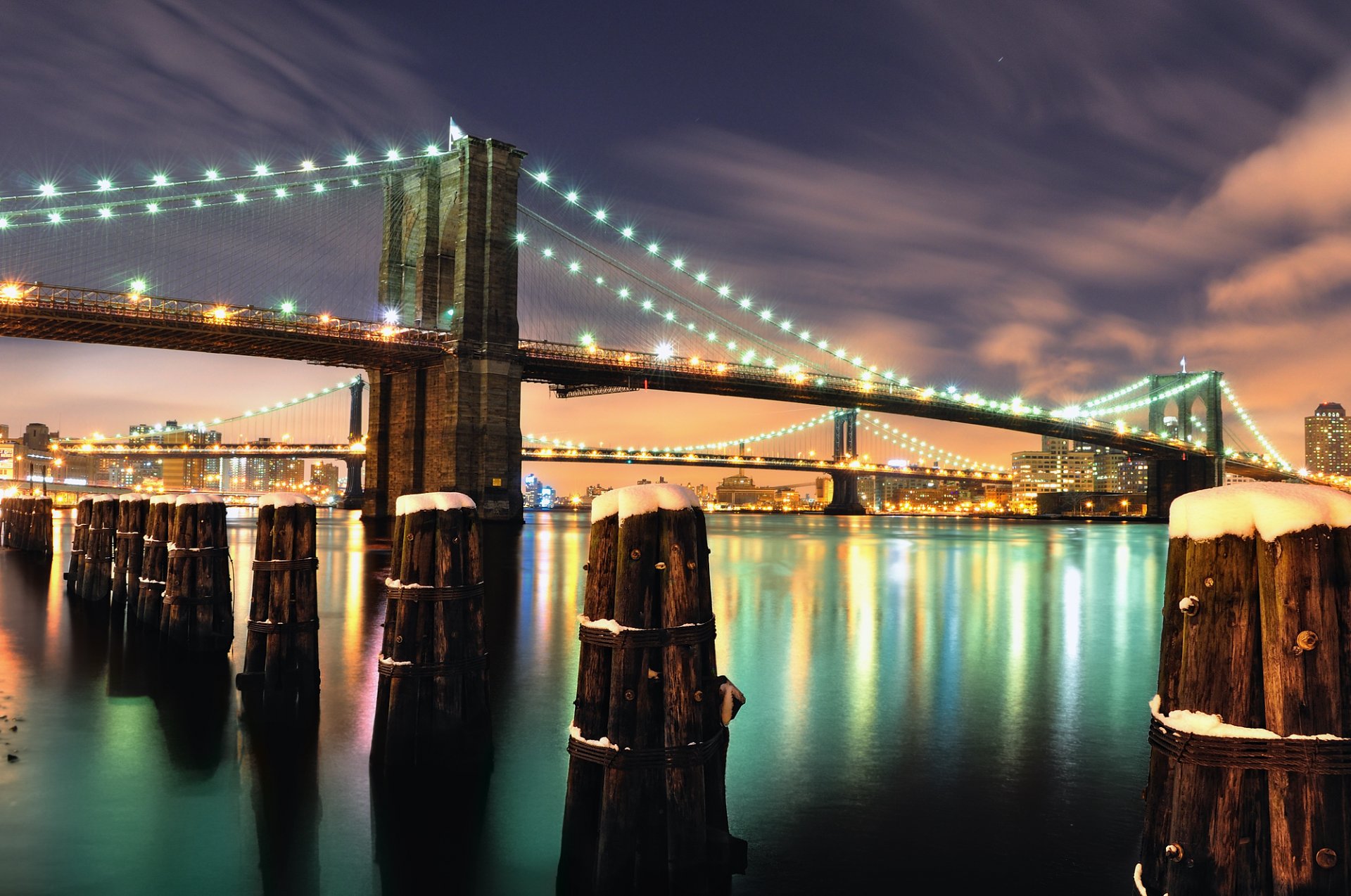 nach schnee brooklyn brücke nacht new york lichter