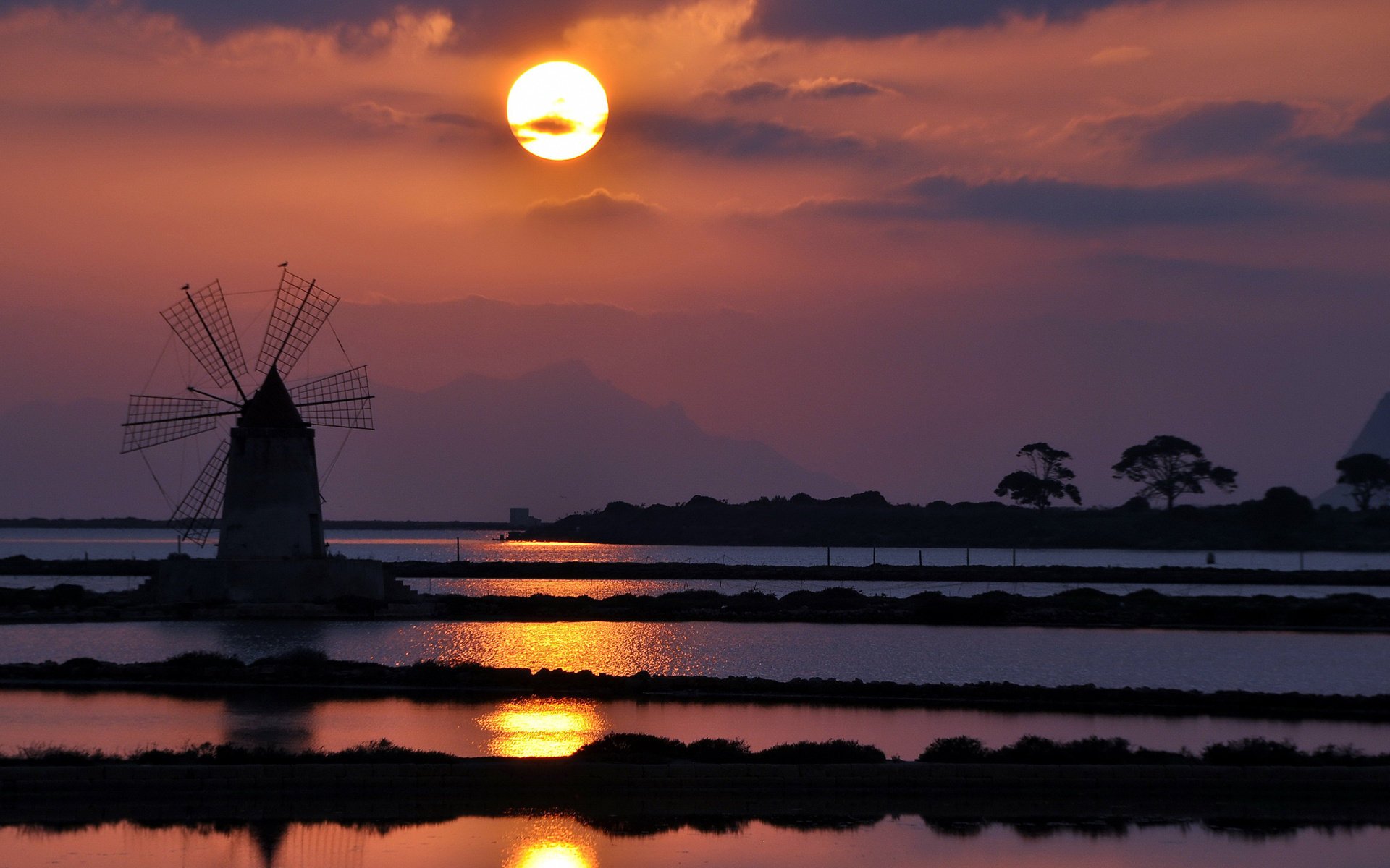 soleil passerelle moulin eau ciel