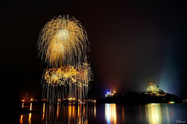 Fireworks on the background of the night city