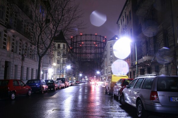 Reflection of light on the road in the rain