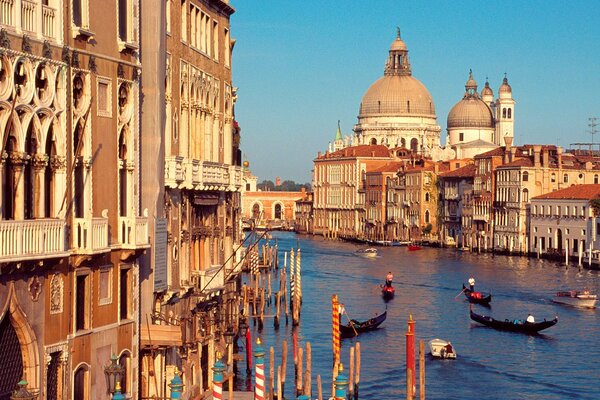 Venetian gondolas sail along the canal on a sunny morning