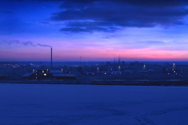 Winter sunset in a city with factories