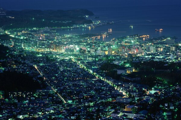 The Japanese city of Hokkaido illuminated by night lights