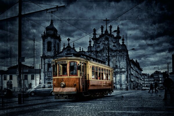 Vintage tram in grid city