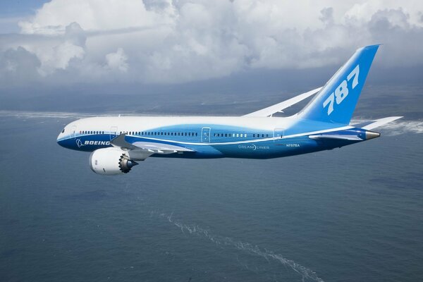 Boeing flies in the clouds in the sky