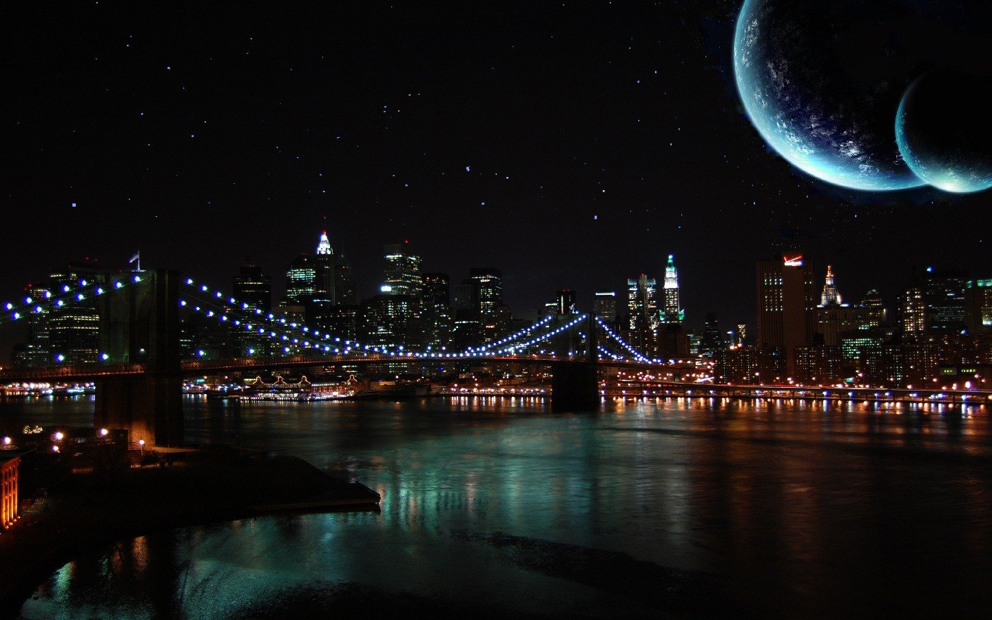 night sky moon river bridge