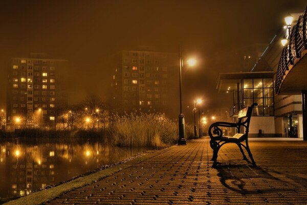 Hermoso paisaje nocturno. Banco del estanque de la ciudad