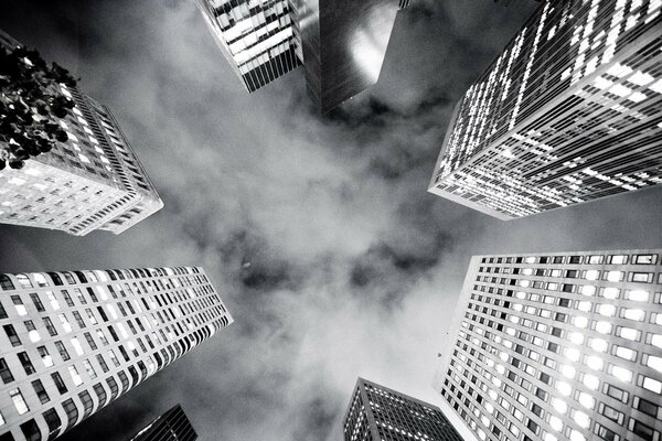 View from below of tall skyscrapers