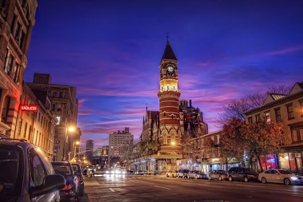 New York at night with a beautiful purple sky