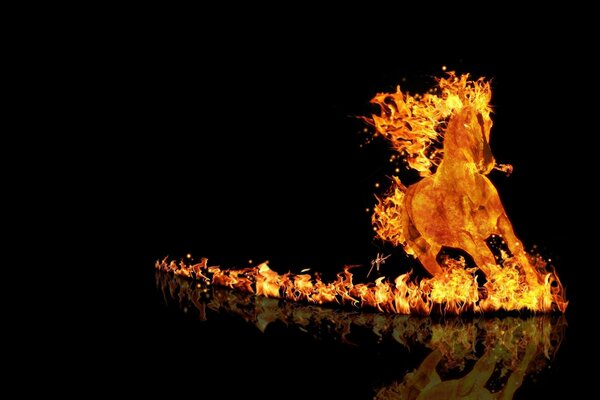 Cheval de feu galopant sur fond noir