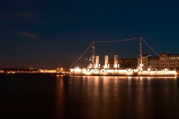 Cruiser Aurora in St. Petersburg at night