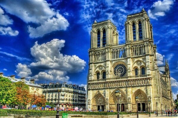 Cathedral on the square. There is a contrasting blue sky above the cathedral