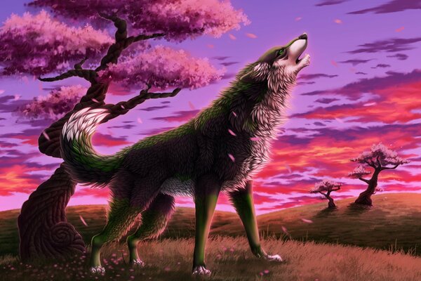 Lobo aullando bajo Sakura en la primavera en busca de una hembra