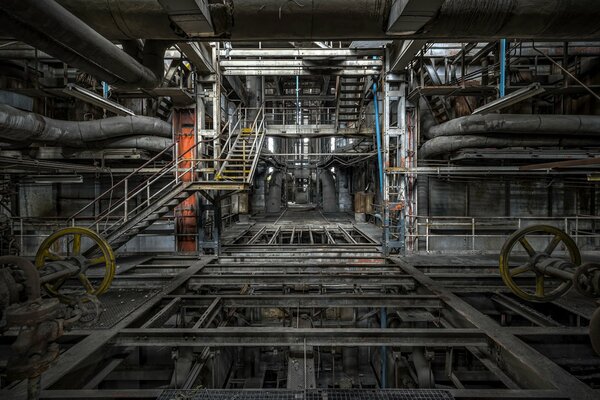 Planta gris con muchos tubos y escaleras