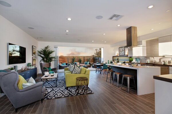 Interior of the studio living room with a bar counter