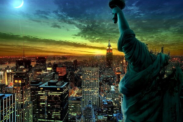 The Statue of Liberty looks at New York at night