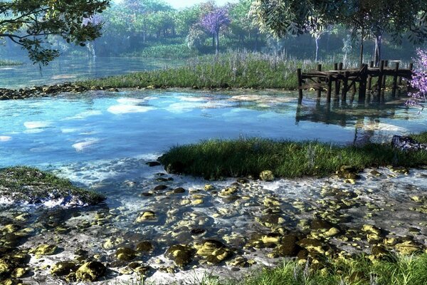 Paesaggio del molo in acqua blu su uno sfondo di foresta ed erba