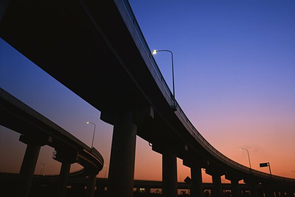 A bridge under a bright sunset