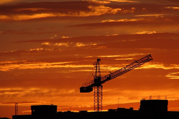 Grúa en el sitio de construcción al atardecer