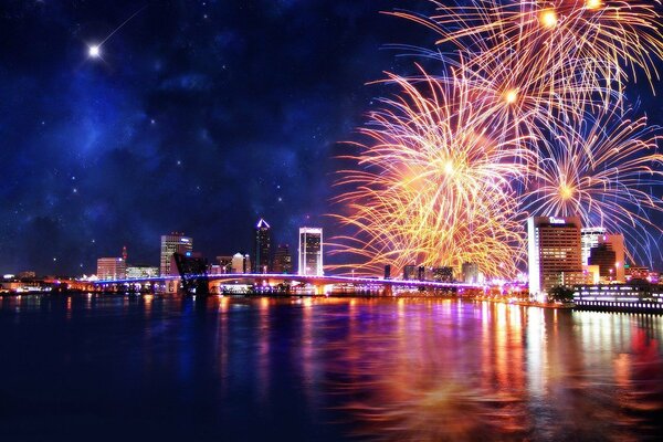 Festive fireworks at night on the shore