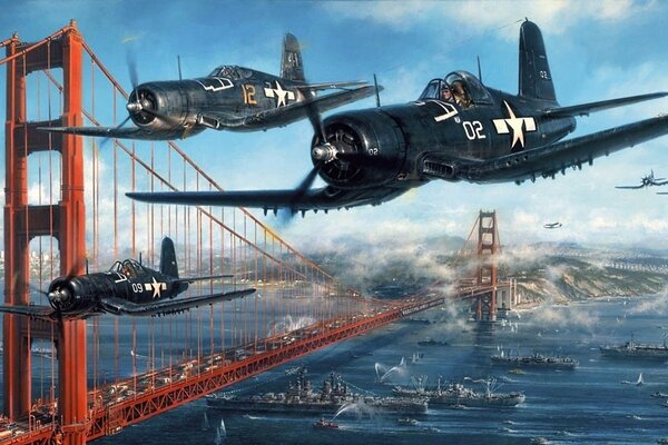 Two planes fly in the sky over the bridge