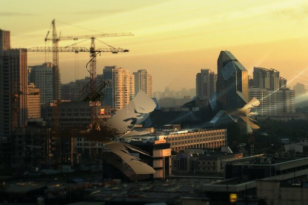 Morning over the city, tall buildings, cranes