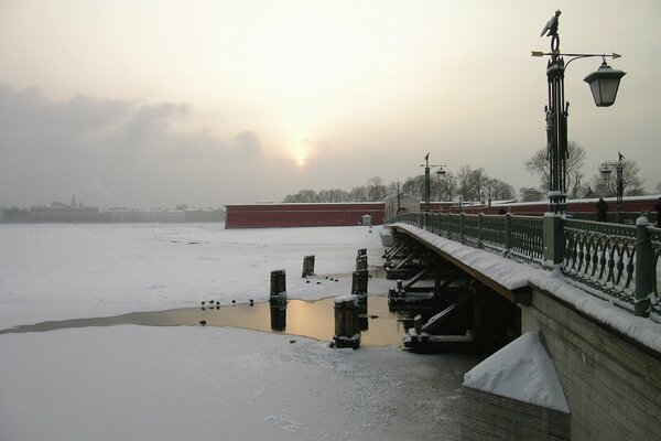 Winter St. Petersburg bridge on the background of sunset