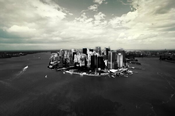 Black and white panorama of New York buildings