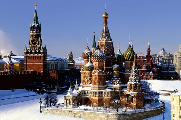 Red Square with a temple and chimes in winter