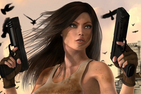 Girl with guns on the background of the city