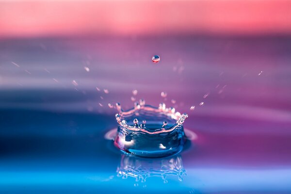 Macro que captó el momento de la caída de una gota en tonos rosa y azul