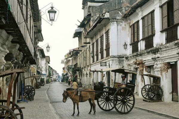 Carruaje de caballos en una calle estrecha