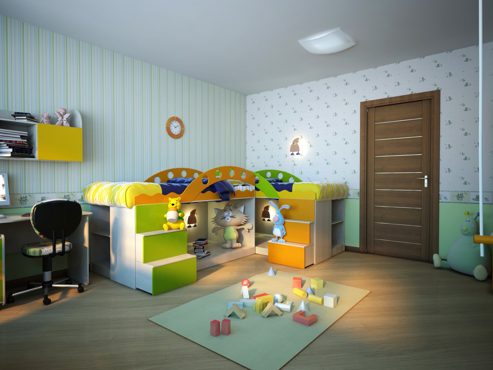 kinderzimmer zimmer bett tür tapete design spielzeug