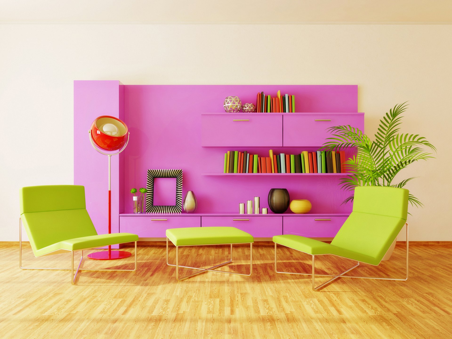 habitación estilo diseño mesa silla lámpara armario estantes libros brillante colores