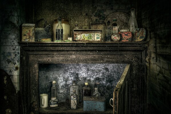 An old alchemist s cabinet with jars and flasks