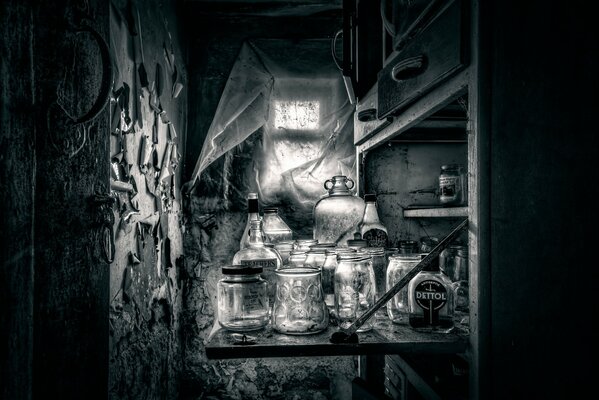 An old room with glass jars