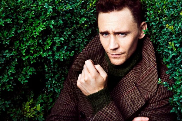 Attore Tom Hiddleston in giacca a quadri su uno sfondo verde